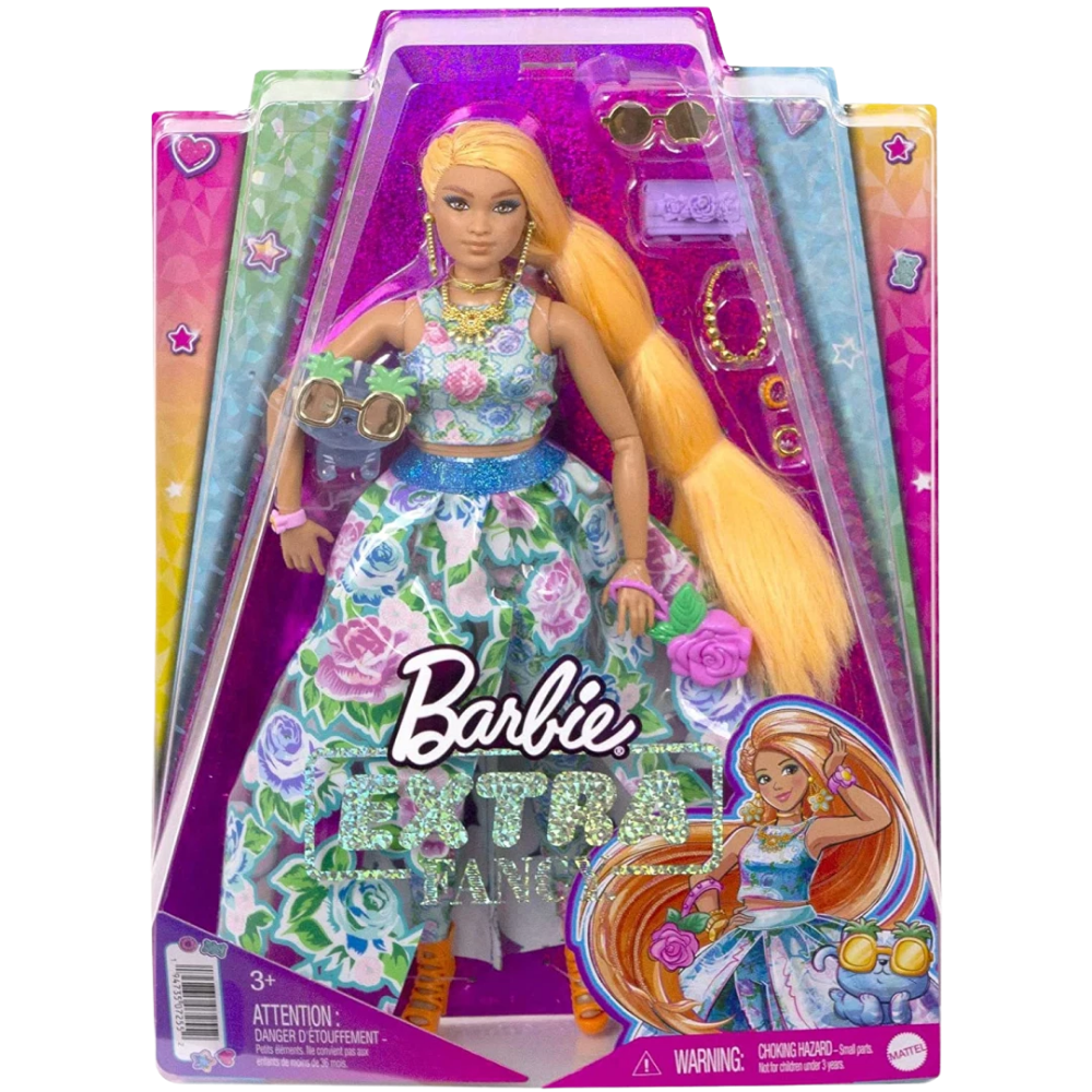 Barbie Extra Fancy Curvy Doll Floral 2-Piece Gown Pet Kitten Fashion Toy