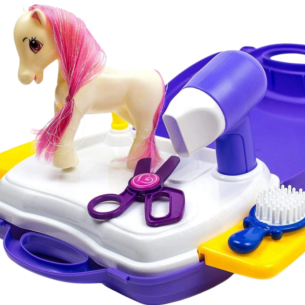 Kids Pony Grooming Play Set 16PCS Pet Salon Toy with Portable Suitcase for Children