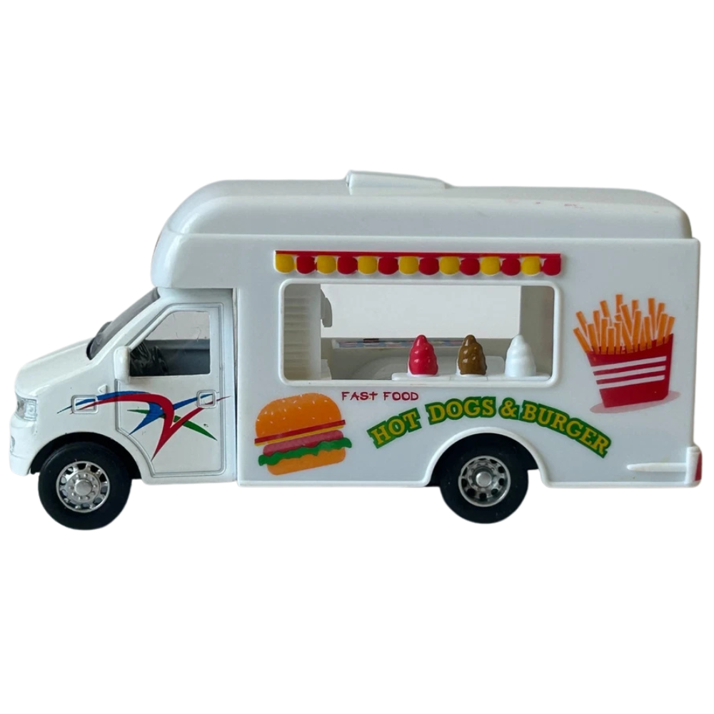 Diecast Dining Car Food Truck Toy with Hot Dogs & Burger Pull-Back Action Model 1:38–1:43