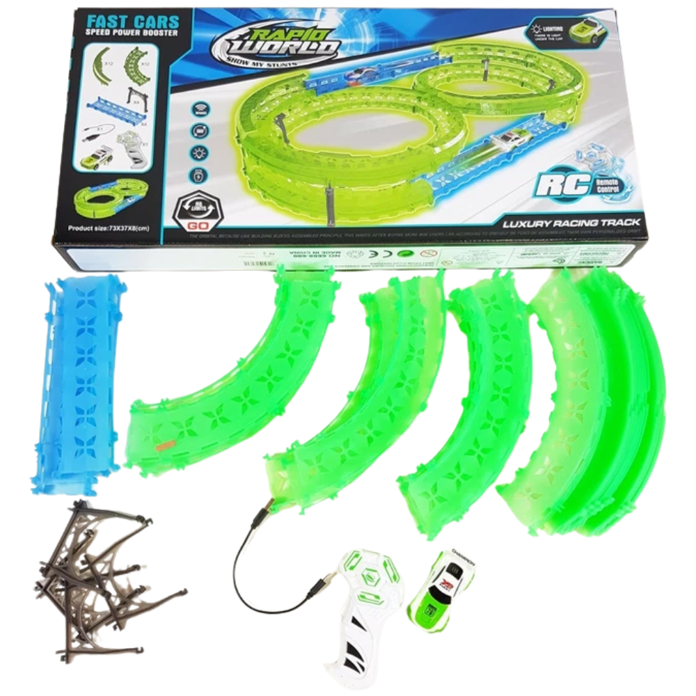 Glow in the Dark Multi-Level Race Track Set 35 Pcs Rc Remote Control Car for Kids Toy Game