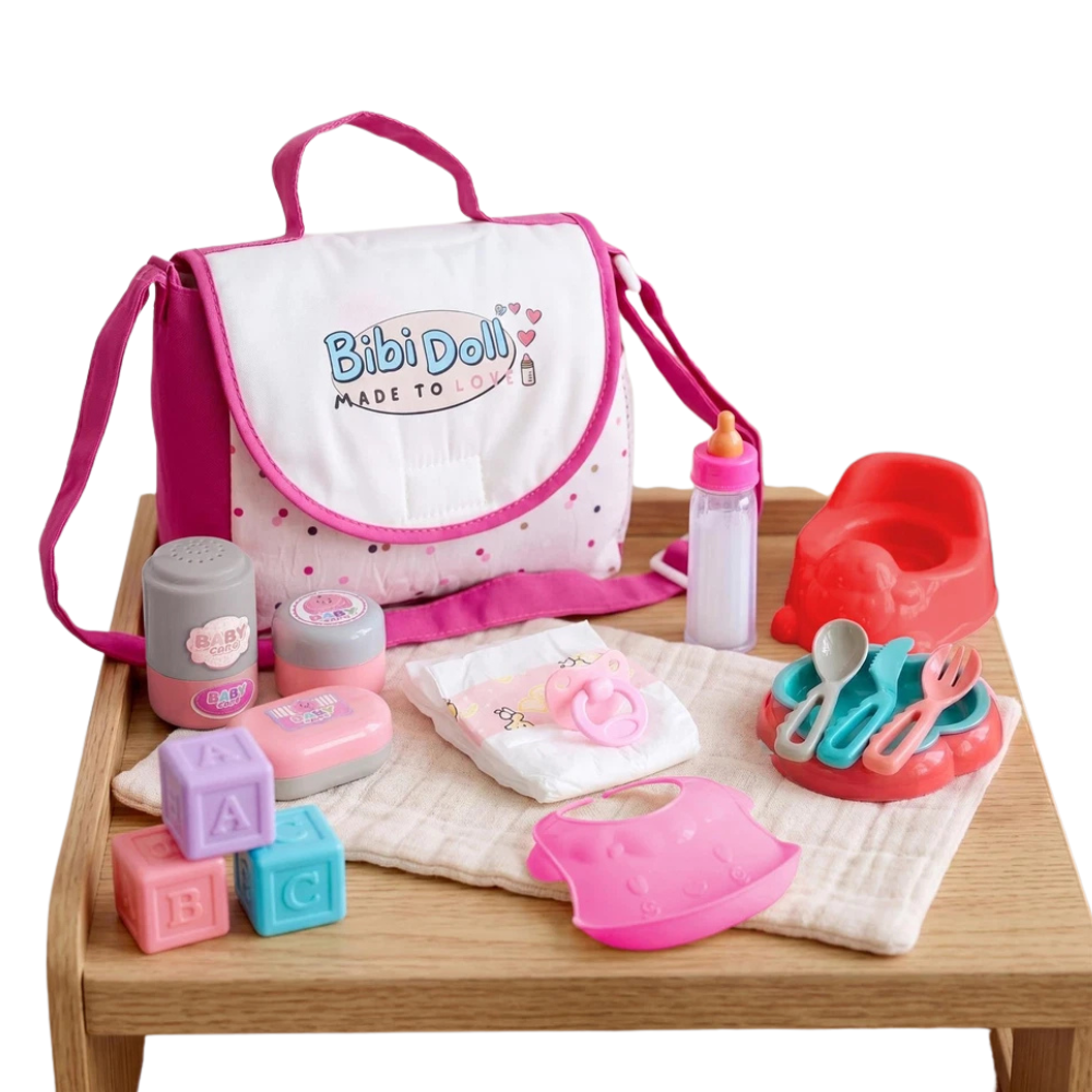 Bibi Doll Baby Doll Changing Bag 16 Piece Set Nappy Magic Bottle Potty Feeding Accessories