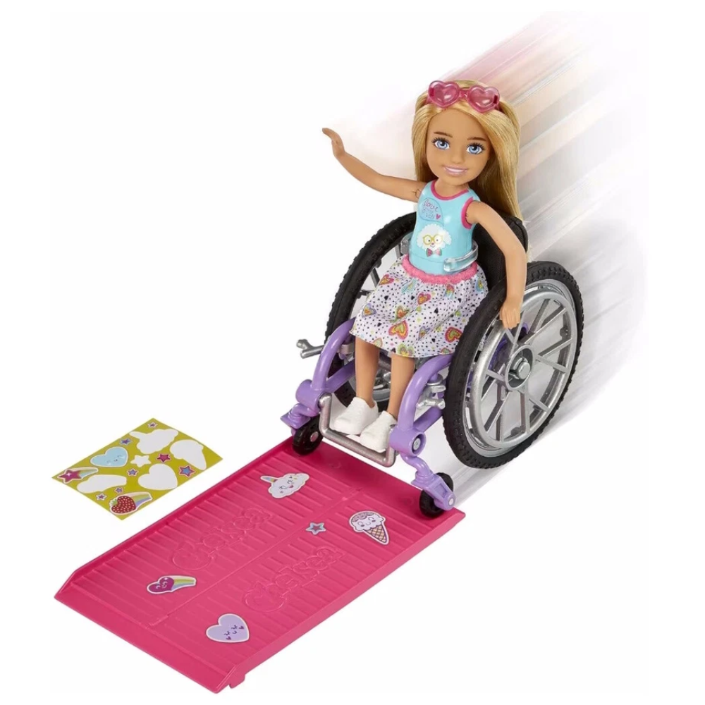 Barbie Chelsea Doll Blonde with Skirt & Sunglasses Wheelchair Ramp Accessories Kids Toy 3+