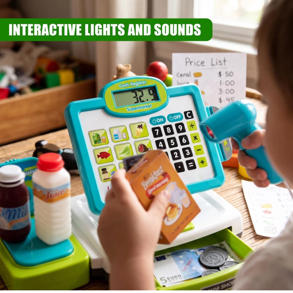 Kids Electronic Cash Register Toy with Lights & Sounds Supermarket Till & Play Food Set