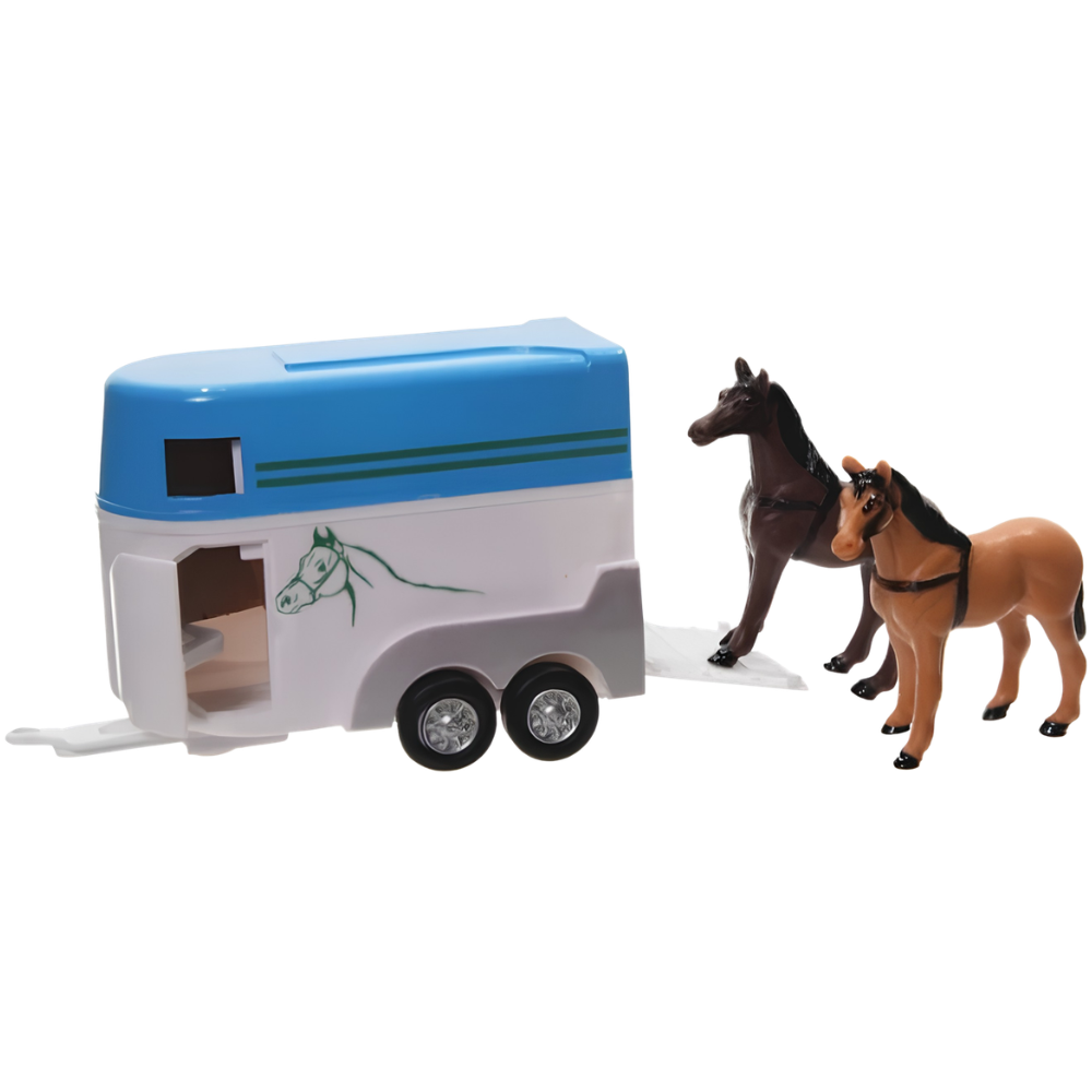 Mitsubishi Pajero Diecast Car Toy with Horse Trailer and 2 Horses Pull Back 1:32