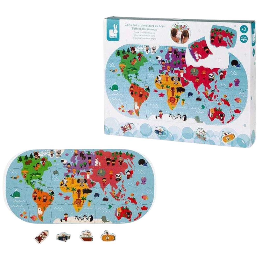 Janod Bath Explorers World Map Bath Toy for Kids Water Play Activity Ages 3 Years+ New
