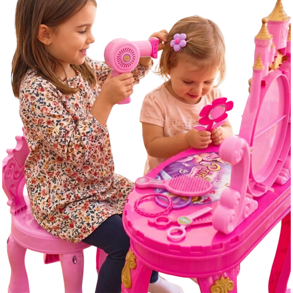 Kids Princess Vanity Dressing Table Stool Set Girls Toy Mirror Hairdressing Accessories Pink