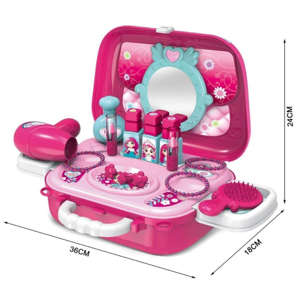 19pc Girls Role Play Jewelry Kit Princess Suitcase Pretend Makeup Hair Styling Toy Set
