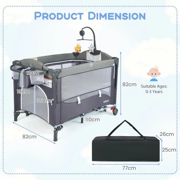 6-in-1 Travel Cot for Babies with Integrated Changing Table and Portable Design