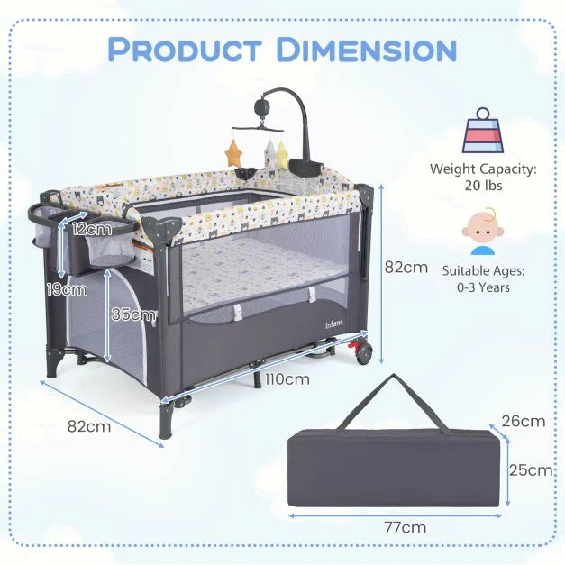6-in-1 Travel Cot for Babies with Integrated Changing Table and Portable Design