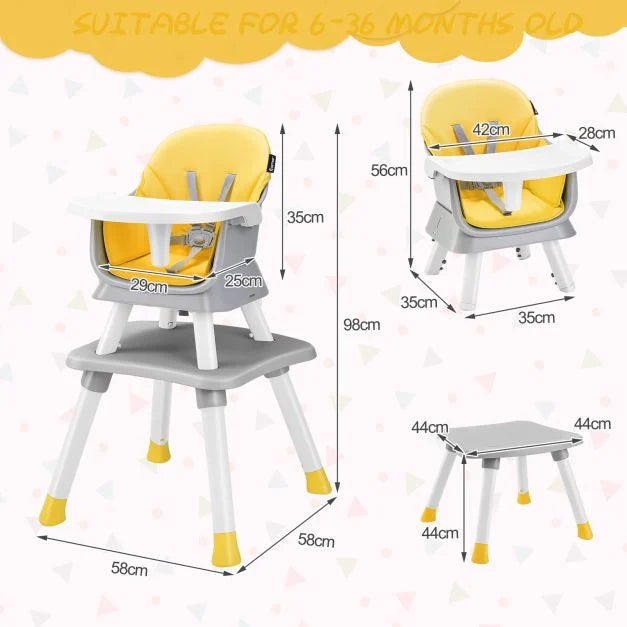 Baby High Chair 6-in-1 with Secure 5-Point Harness and Easy-Clean Removable Tray