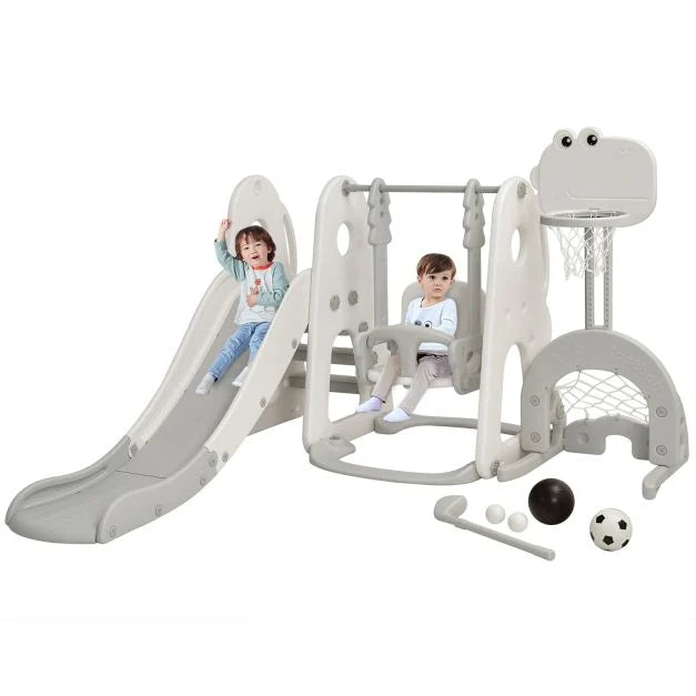 6-in-1 Toddler Slide and Swing Set with Adjustable Basketball Hoop for Indoor Play