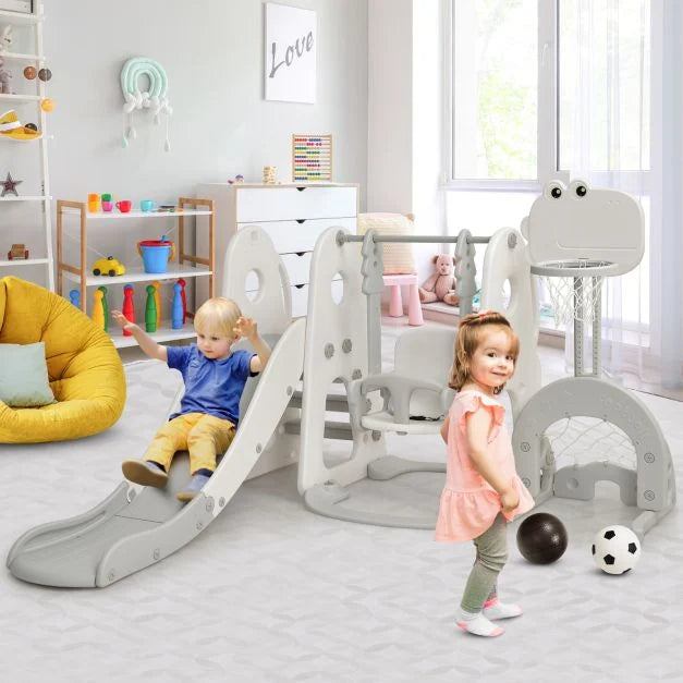 6-in-1 Toddler Slide and Swing Set with Adjustable Basketball Hoop for Indoor Play