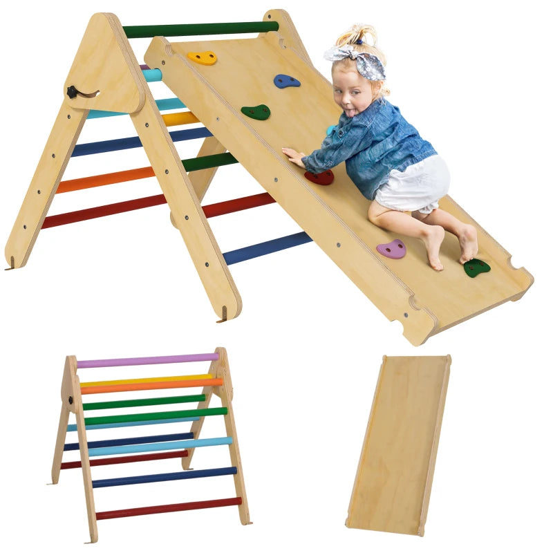 Wooden 3-in-1 Pikler Triangle Set with Ramp for Toddlers, Multicolour Design