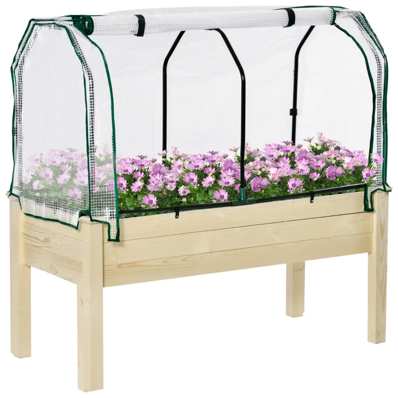 Outdoor Raised Garden Bed with PE Cover, Elevated Wooden Planter Box, Natural Finish