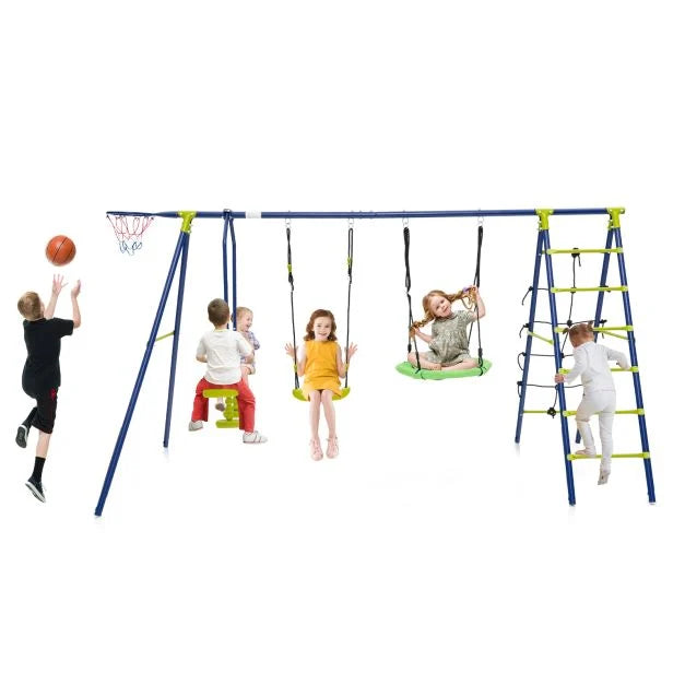 6-in-1 Metal Swing Set with 2 Swings for Children Ages 3–12
