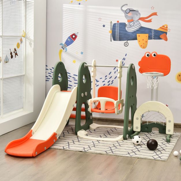 6-in-1 Toddler Slide and Swing Set with Adjustable Basketball Hoop for Indoor Play