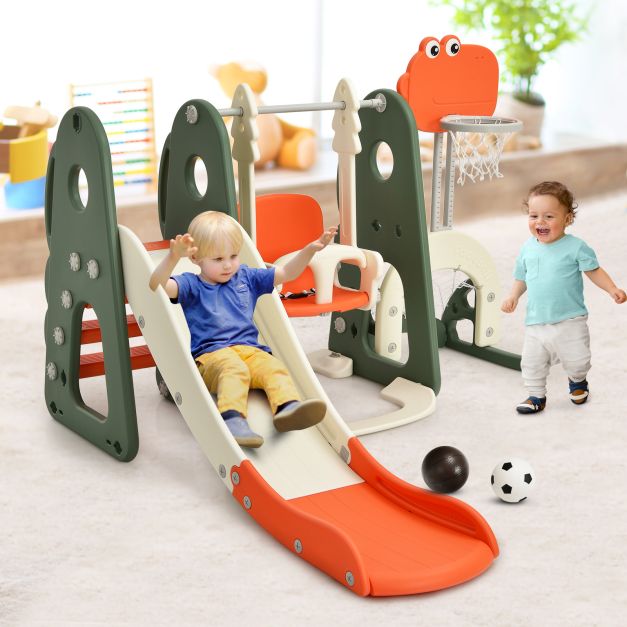 6-in-1 Toddler Slide and Swing Set with Adjustable Basketball Hoop for Indoor Play