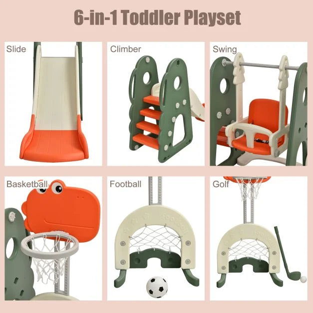 6-in-1 Toddler Slide and Swing Set with Adjustable Basketball Hoop for Indoor Play