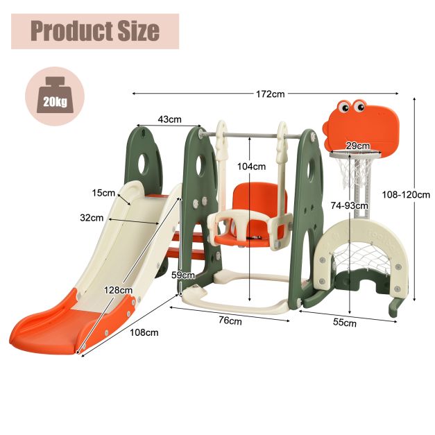 6-in-1 Toddler Slide and Swing Set with Adjustable Basketball Hoop for Indoor Play