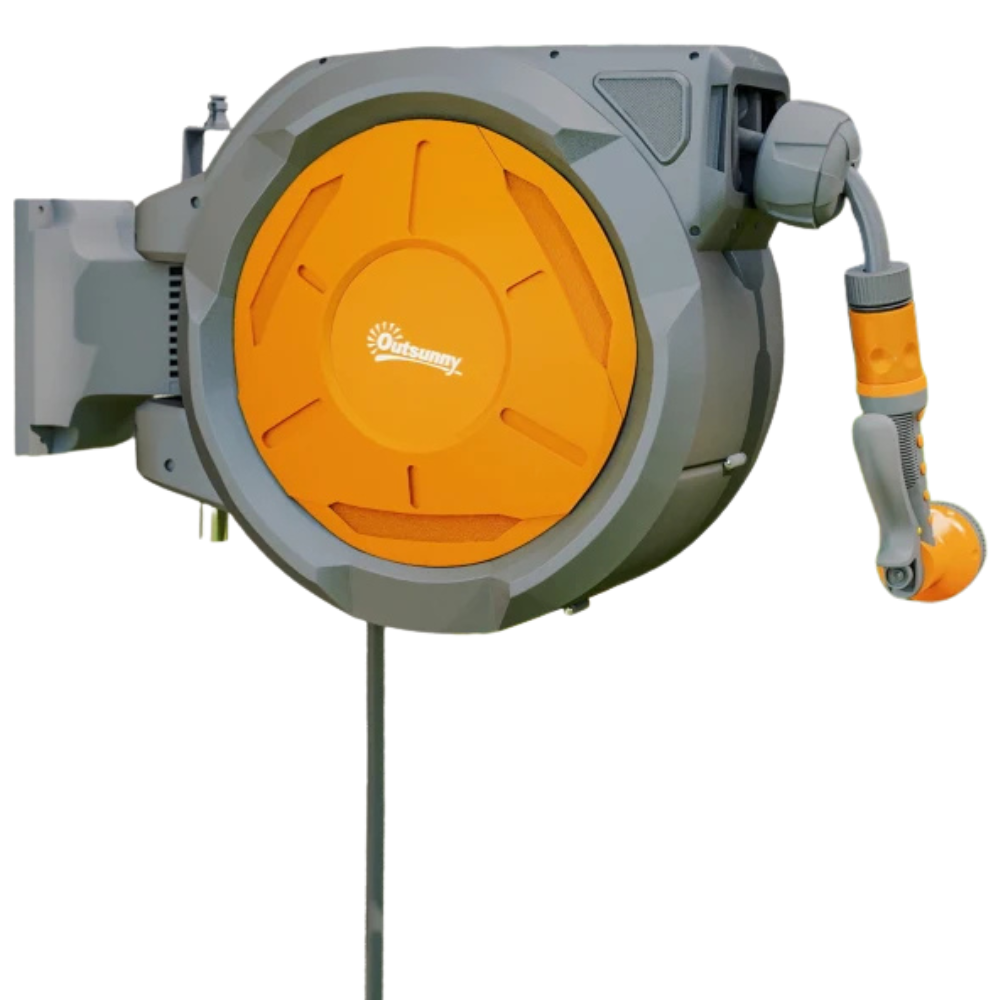 Retractable Wall-Mounted Garden Hose Reel with Auto Rewind, 7-in-1 Spray Nozzle, Lock & 180° Swivel