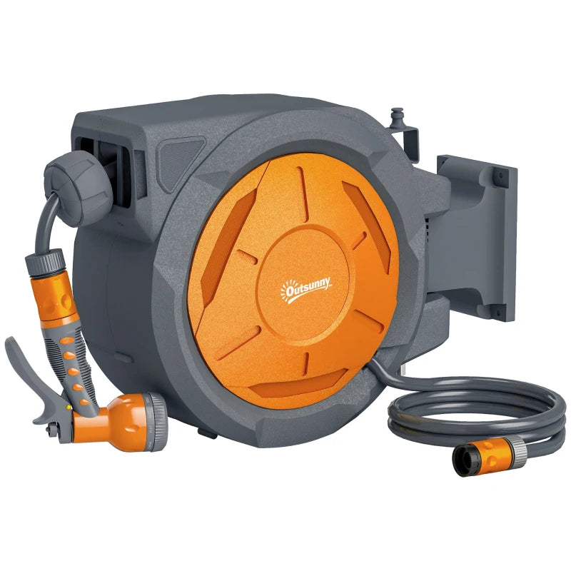 Retractable Wall-Mounted Garden Hose Reel with Auto Rewind, 7-in-1 Spray Nozzle, Lock & 180° Swivel