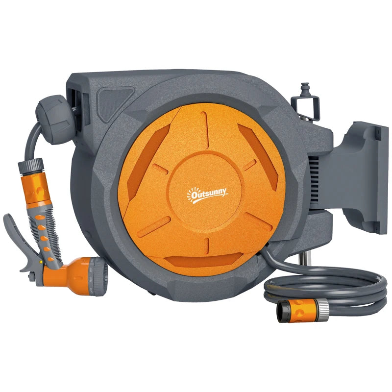 Retractable Wall-Mounted Garden Hose Reel with Auto Rewind, 7-in-1 Spray Nozzle, Lock & 180° Swivel