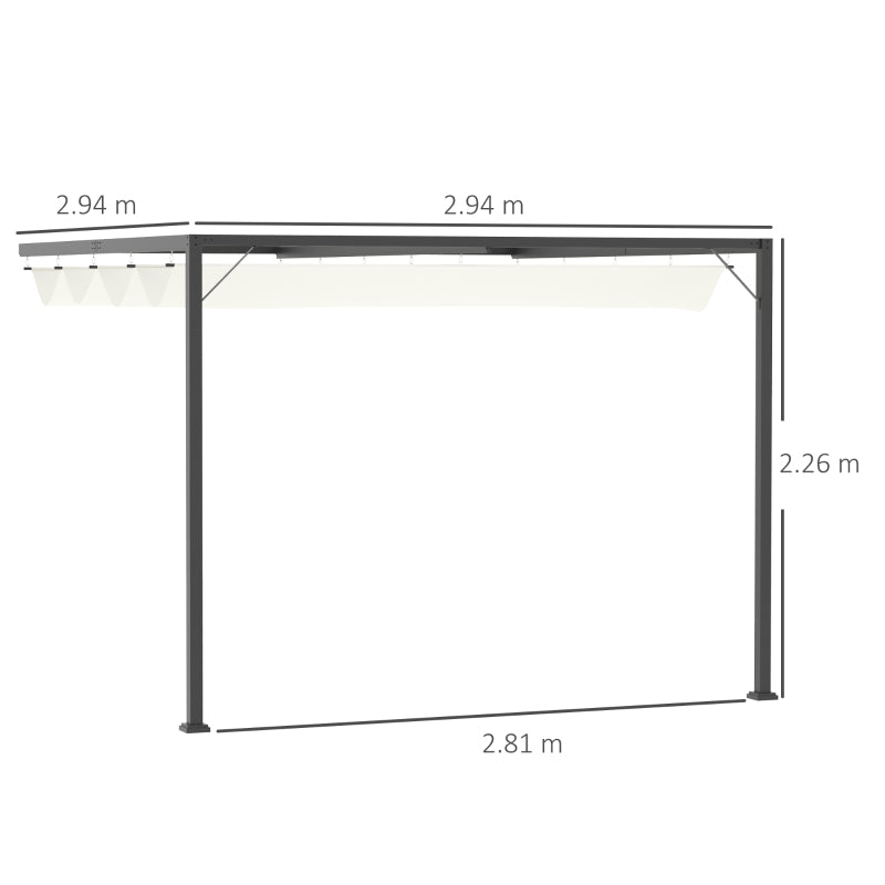 Cream White Retractable Canopy Lean To Pergola – Wall Mounted Patio Shelter, 3 x 3m