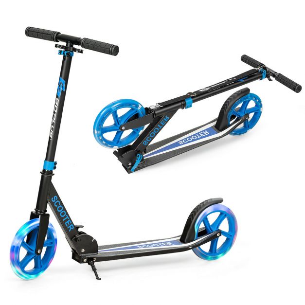 Foldable Kick Scooter with Adjustable Handle, 2 Large Wheels & LED Lights