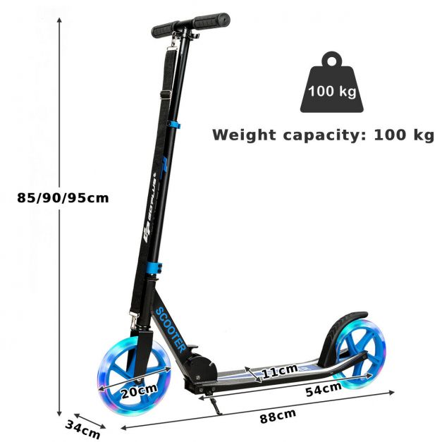Foldable Kick Scooter with Adjustable Handle, 2 Large Wheels & LED Lights