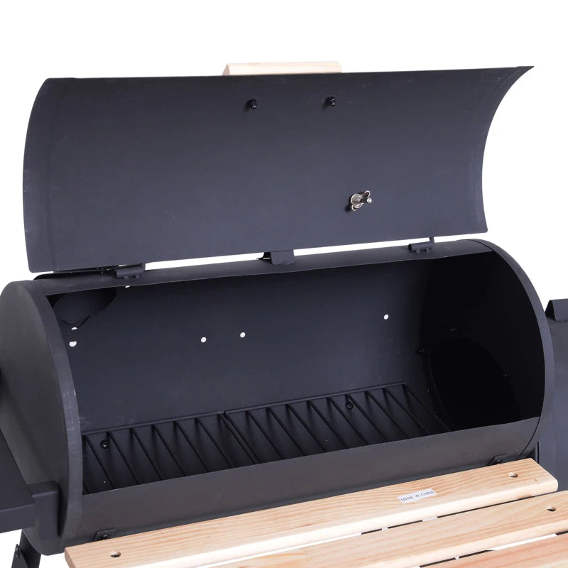 Portable Charcoal BBQ Grill with Solid Wood Accents, Cold-Rolled Steel Black, 104x124x53cm