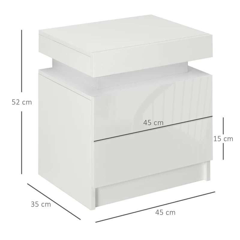 Set of 2 White Nightstands with LED Lights, 4 Drawers – High Gloss Finish