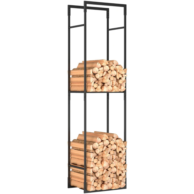 Metal Firewood Log Holder with Adjustable Shelf, Indoor Outdoor Fireplace Storage