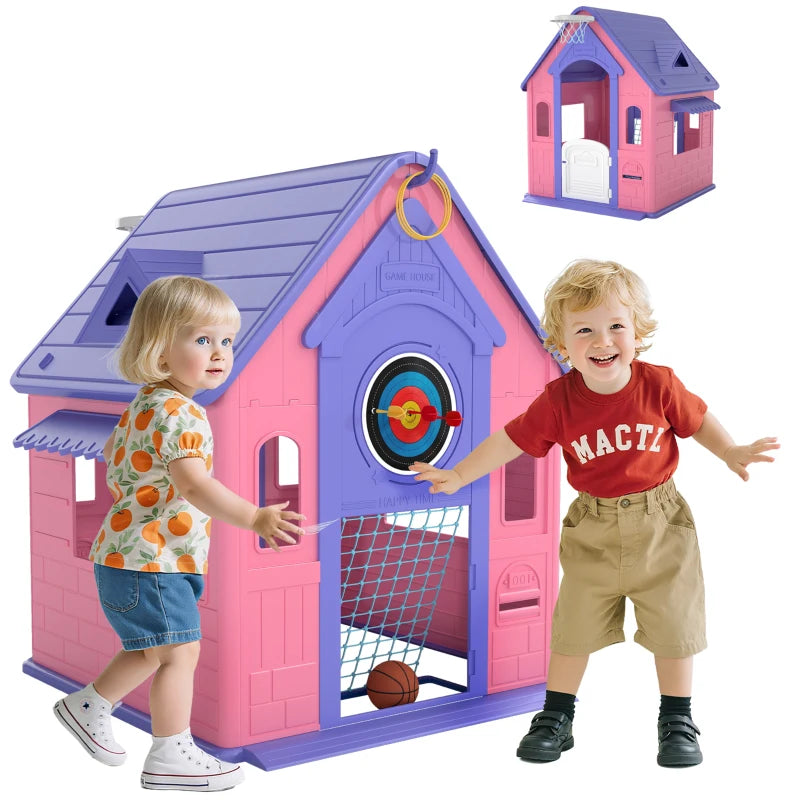 Indoor Outdoor 5-in-1 Pink Playhouse with Basketball, Football & Games for Ages 2-5