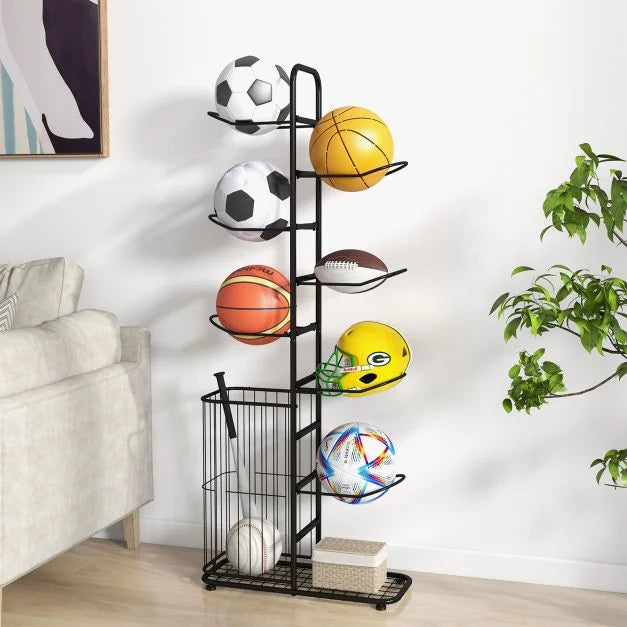 7-Tier Ball Organizer Rack with Removable Rods & Side Basket