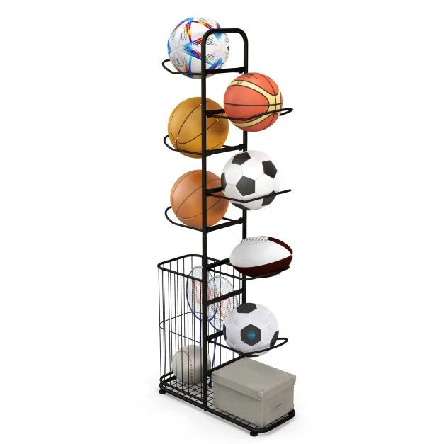 7-Tier Ball Organizer Rack with Removable Rods & Side Basket