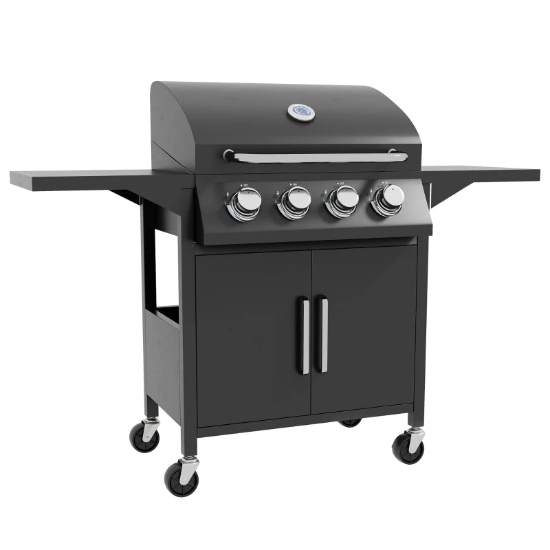 Portable 4 Burner Gas BBQ Grill with Side Shelves, Warming Rack & Storage Cabinet