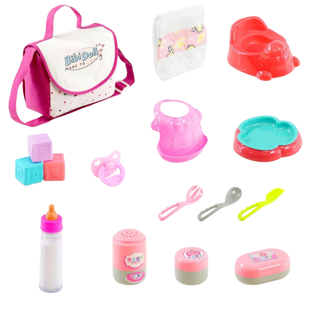 Bibi Doll Baby Doll Changing Bag 16 Piece Set Nappy Magic Bottle Potty Feeding Accessories
