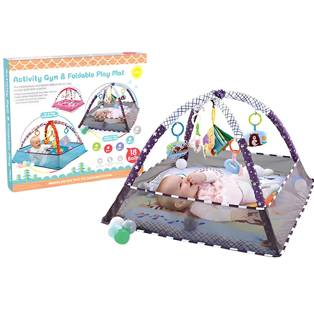 RLS Grey Baby Activity Gym Play Mat with Safety Net, 5 Hanging Toys and 18 Ocean Balls