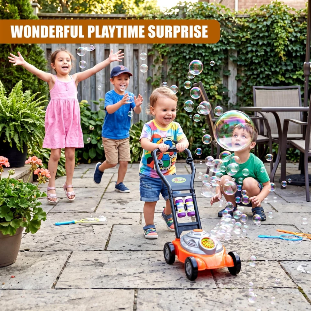 Kids Bubble Lawnmower Machine with Bubble Solution Mower Bubble Maker Garden Toy Fun