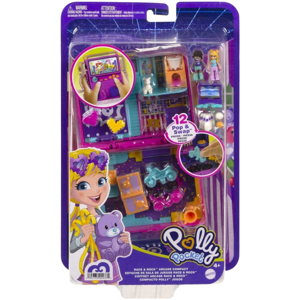 Polly Pocket Race Rock Arcade Compact Gaming Theme with Polly Shani Dolls Glitter Sets