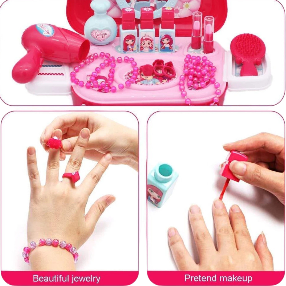 19pc Girls Role Play Jewelry Kit Princess Suitcase Pretend Makeup Hair Styling Toy Set