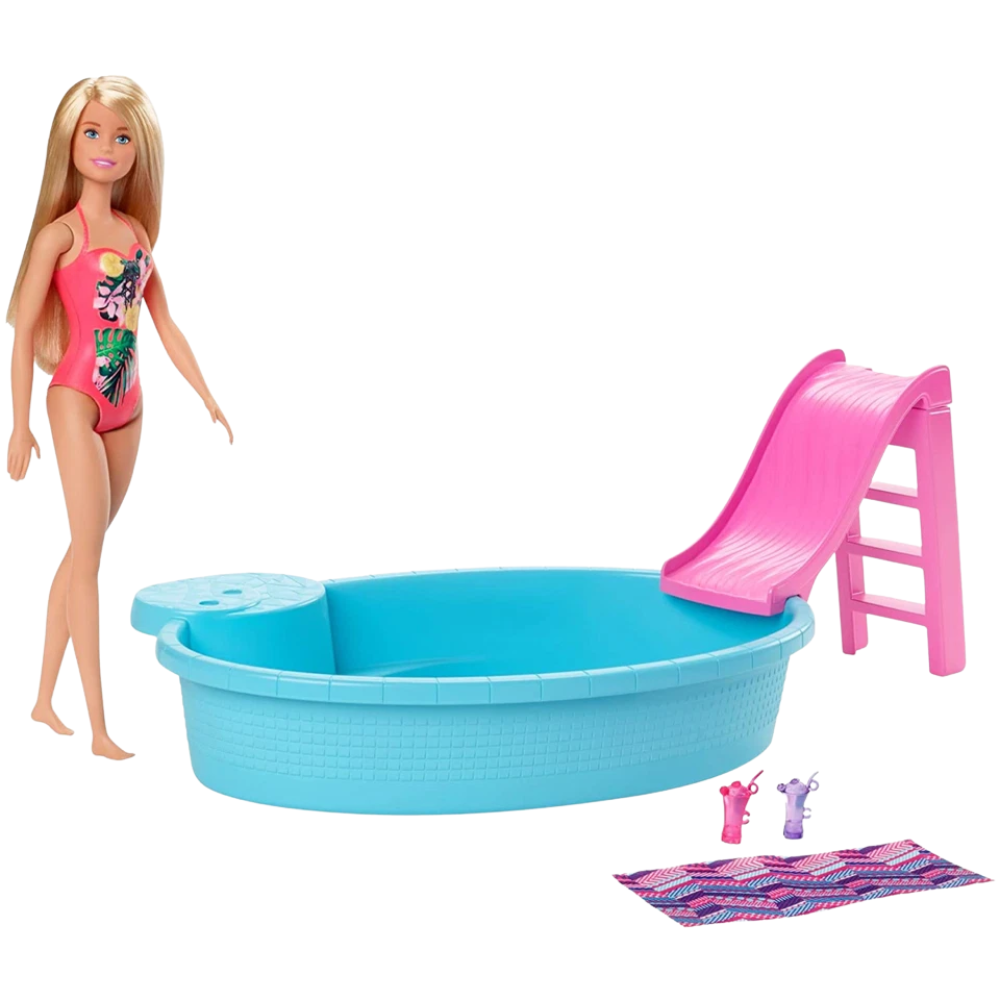 Barbie Doll Summer Pool Playset with Slide, Drinks & Accessories Mattel Girls 3+