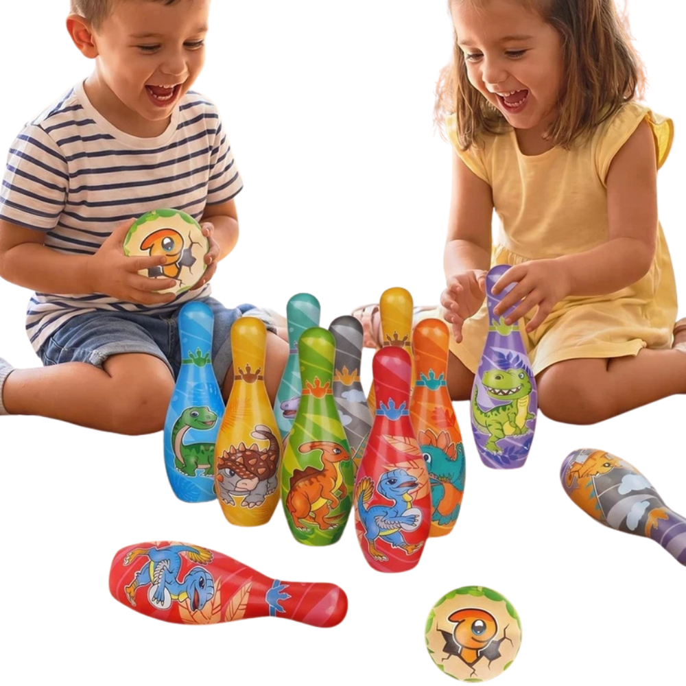 Kids Dinosaur Bowling Set 10 Pins & 2 Balls Soft Foam Skittles Game