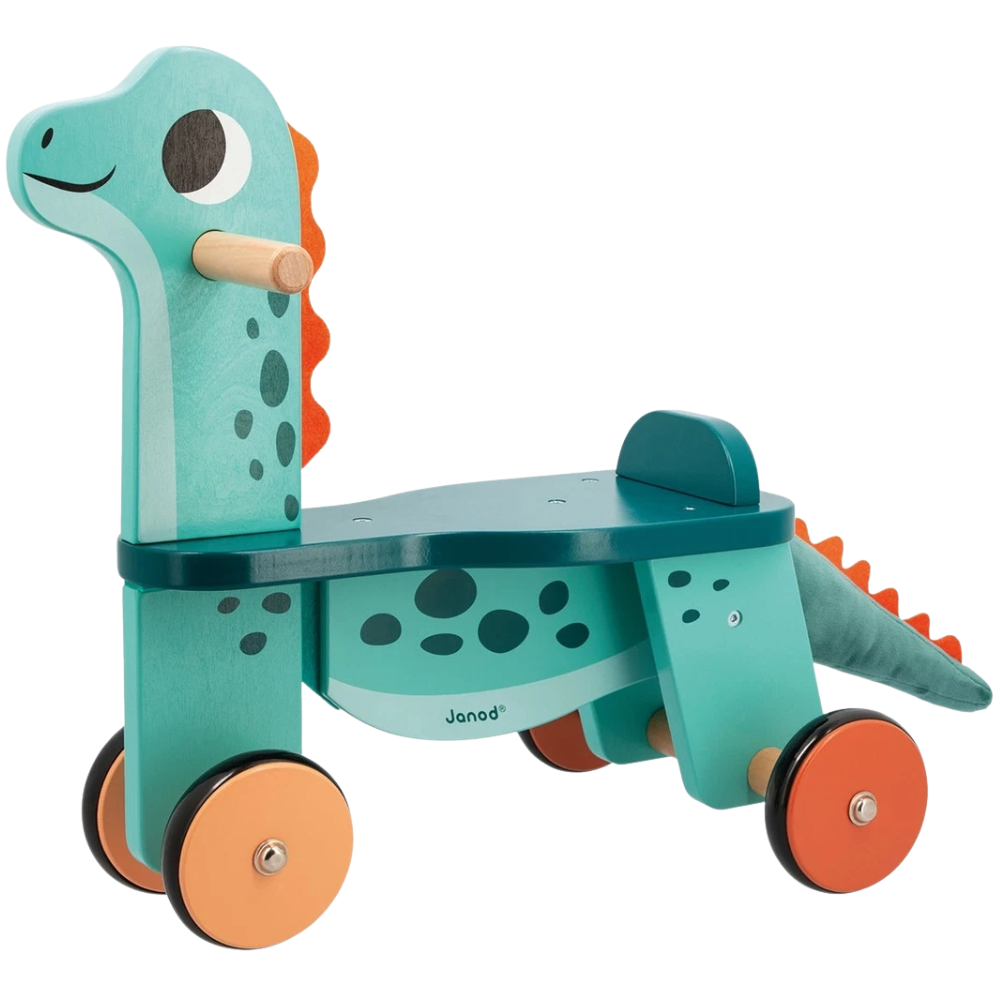 Janod Dino Portosaurus Wooden Ride-On Toy for Toddlers 12 Months+, 4-Wheel Dinosaur