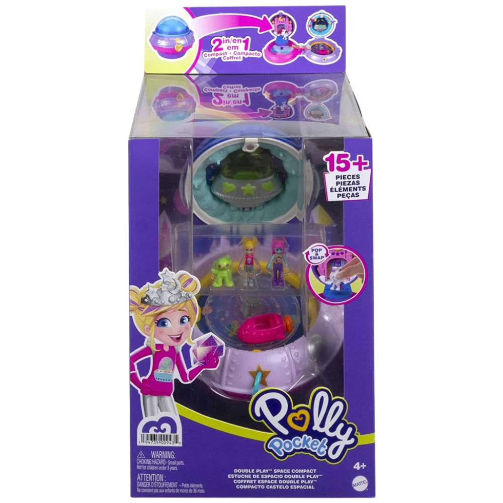 Polly Pocket Double Play Space Compact 2 Micro Dolls 15 Accessories Kids Travel Playset