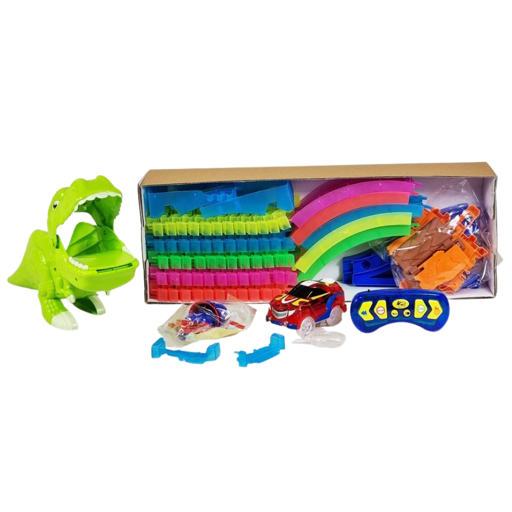 Glow in the Dark Dinosaur Slot Car Race Track Set 143 Piece T-Rex Smoking Stunt Kids Toy