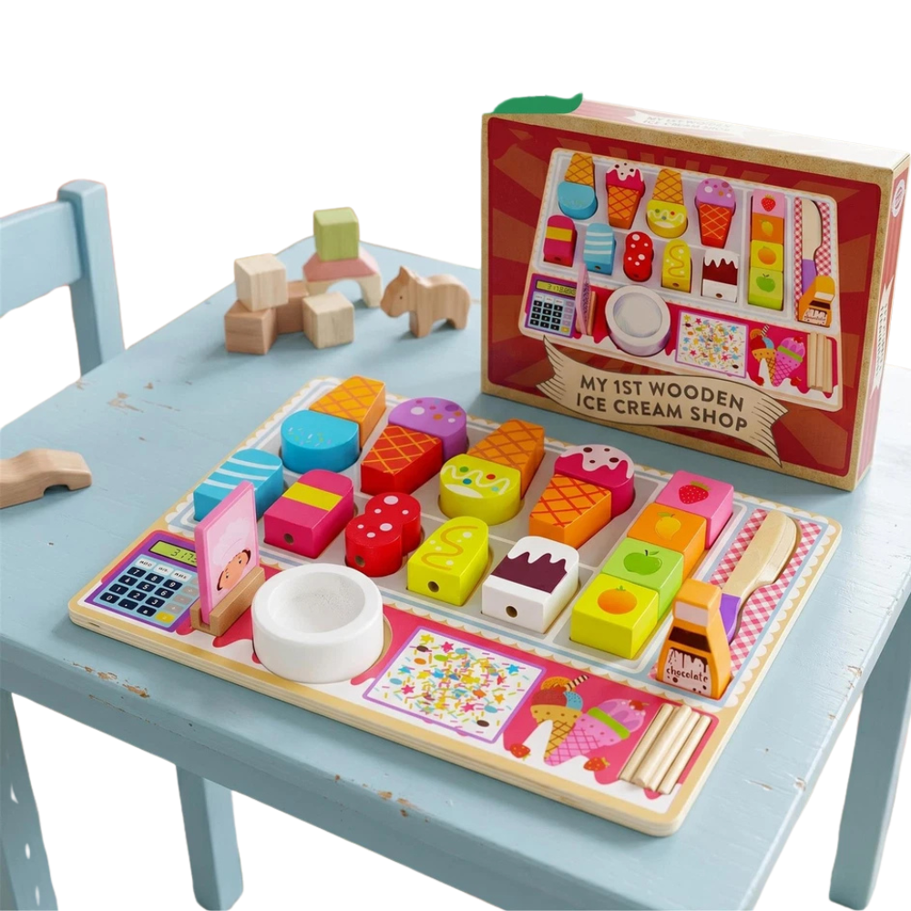 Kids Wooden Ice Cream Shop Set Toy Pretend Play Cafe Kitchen Set Cones Popsicles Fruits