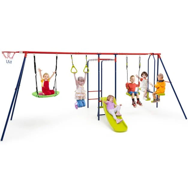 Kids 7-in-1 Swing Set with Double Swings for Ages 3-10