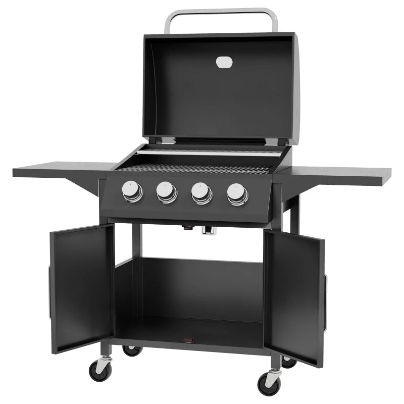 Portable 4 Burner Gas BBQ Grill with Side Shelves, Warming Rack & Storage Cabinet