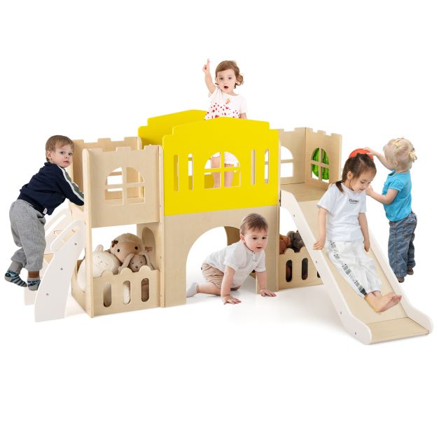 7-in-1 Toddler Wooden Slide Set with Ladder and Long Aisle Playground